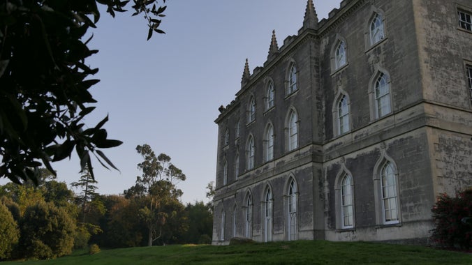 View of the gothic facade in autumn at Castle Ward, County Down in Northern Ireland.